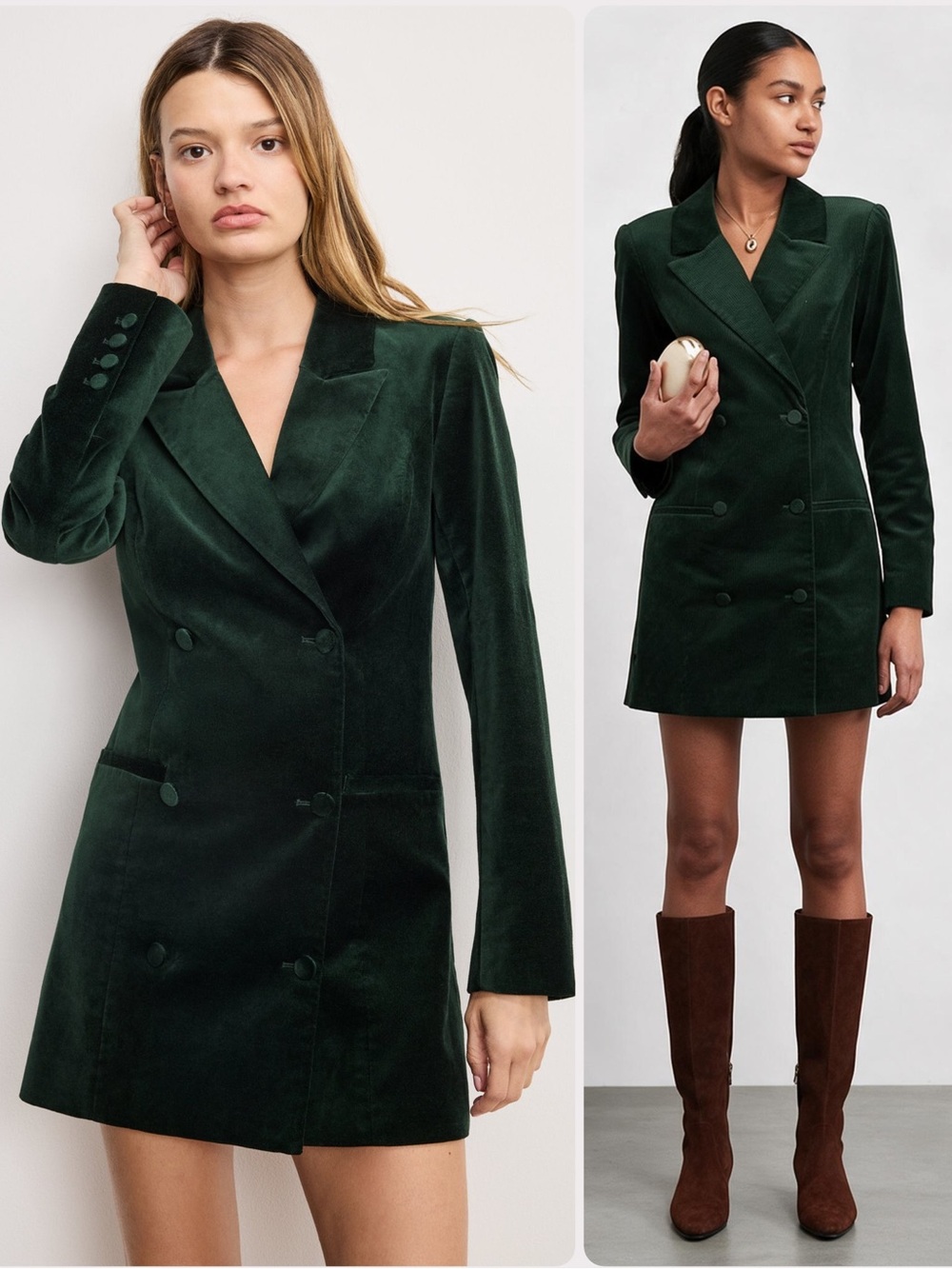 Good American Exec Velvet Green Double-Breasted Blazer Mini Dress NWOT $280